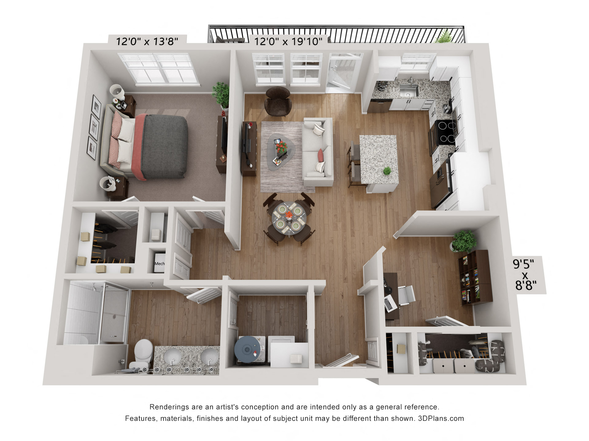 Floor plan for 1 bed, 1 bath, 893 sqft